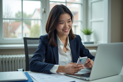 Jeune femme professionnelle utilisant son smartphone et ordinateur