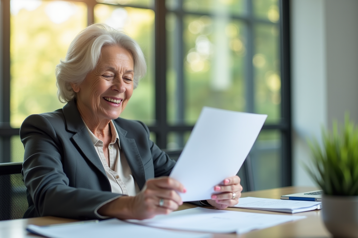 Femme souriante en retraite dans un bureau lumineux