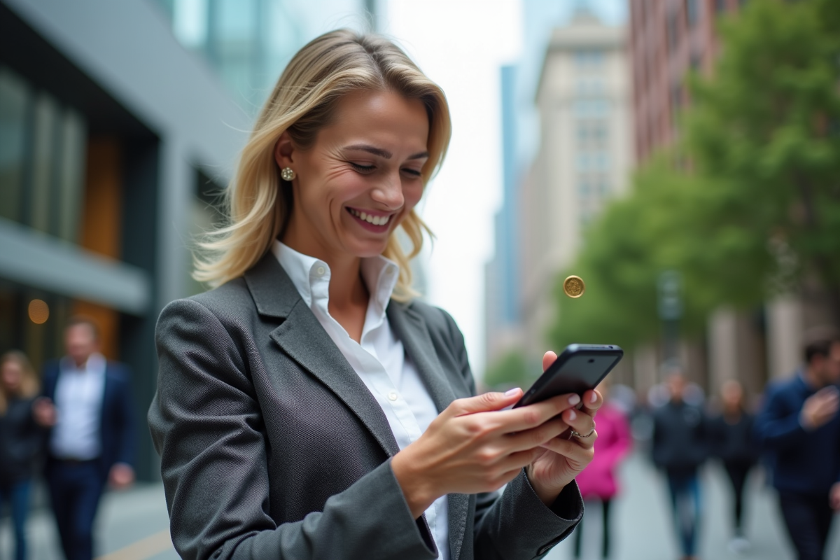 Femme souriante vérifiant son smartphone avec bitcoin