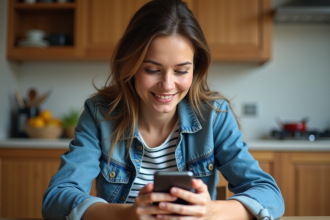 Femme dans la cuisine utilisant un smartphone
