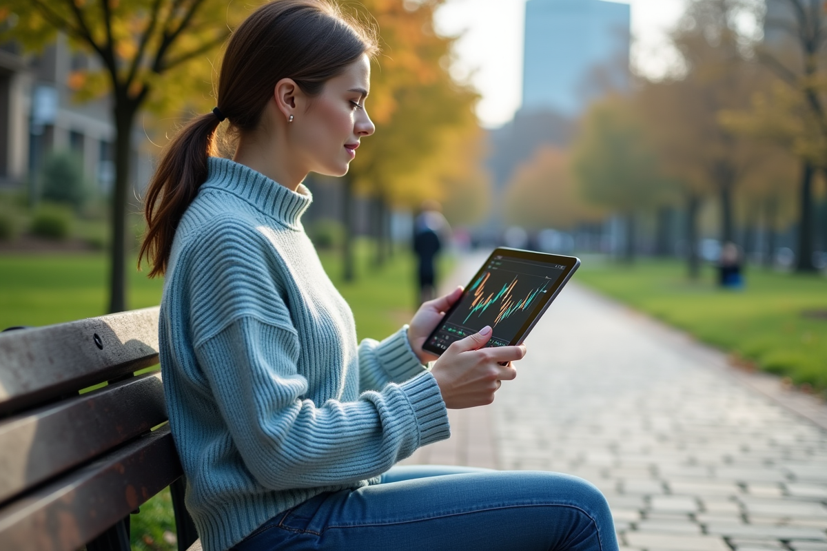 Jeune femme dans un parc tenant une tablette avec graphiques ETF
