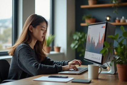 Jeune femme analysant un graphique bitcoin en travail à domicile