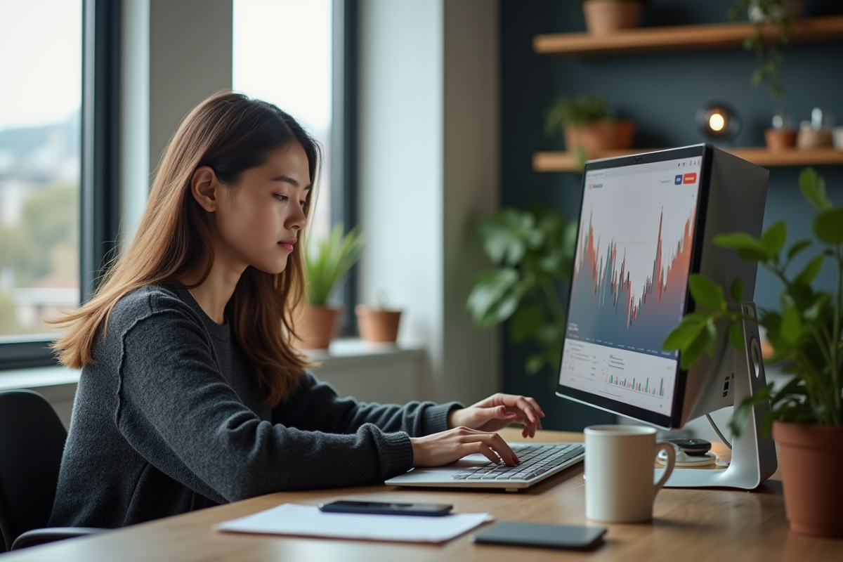 Jeune femme analysant un graphique bitcoin en travail à domicile