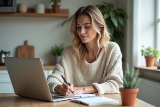 Femme détendue travaillant à la cuisine avec ordinateur
