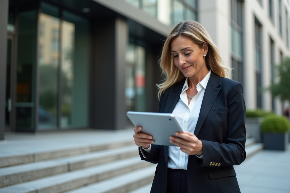 Femme d affaires analysant un graphique de crypto sur une tablette devant une banque