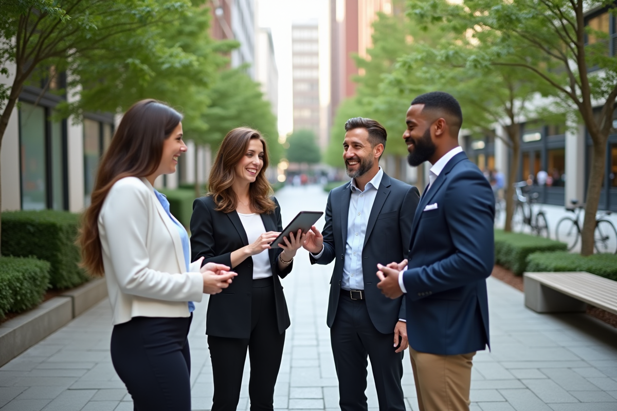 Groupe divers en discussion dans une cour urbaine