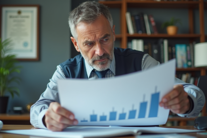 Homme d'affaires concentré devant un graphique financier