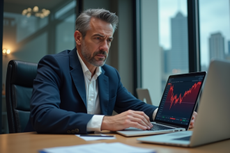 Homme d'affaires en costume regardant un graphique boursier en baisse