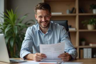 Homme d'affaires de 35 ans lisant des documents financiers