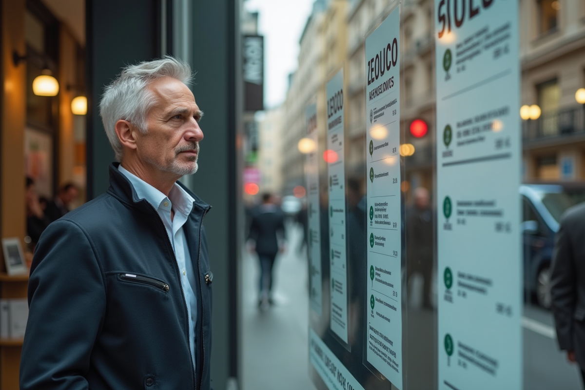 Homme regardant les prix d appartements devant une agence immobiliere