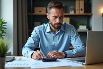 Homme concentr&eacute; travaillant sur ses finances dans un bureau moderne