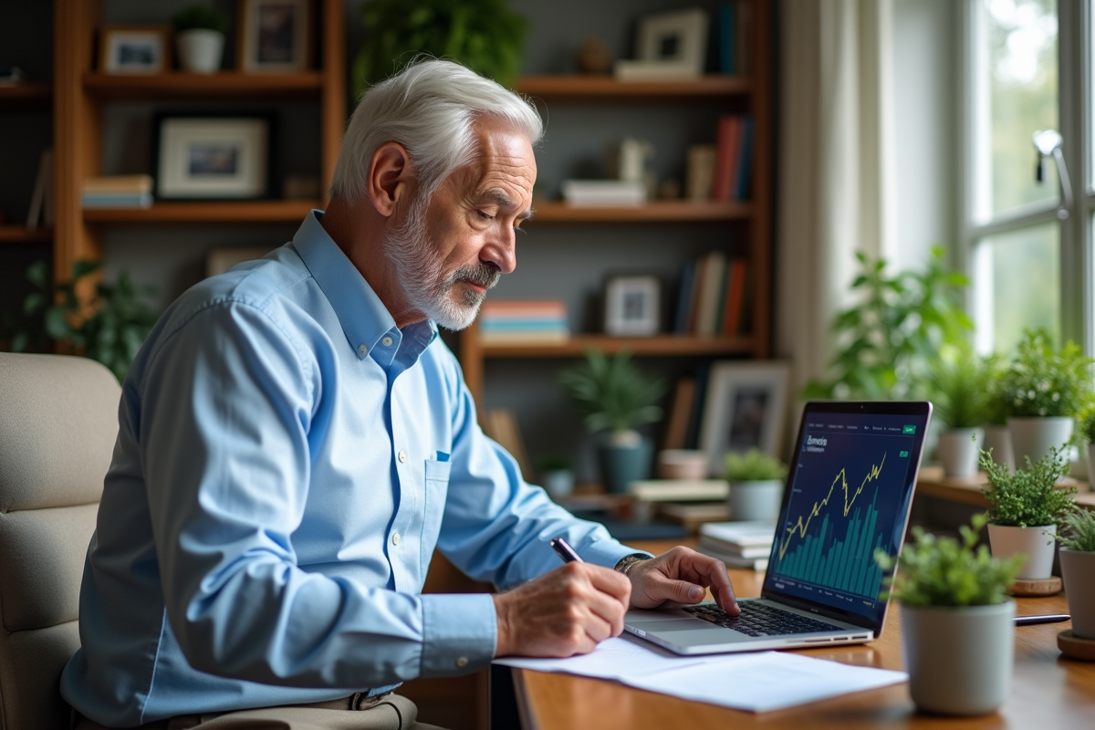 Homme âgé travaillant sur ordinateur dans un bureau à domicile