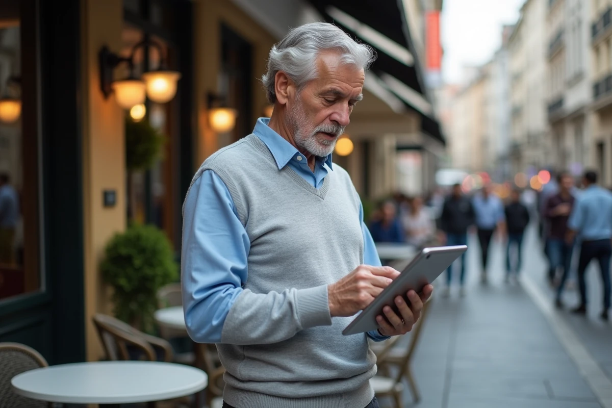 Homme âgé lisant des rapports financiers en terrasse