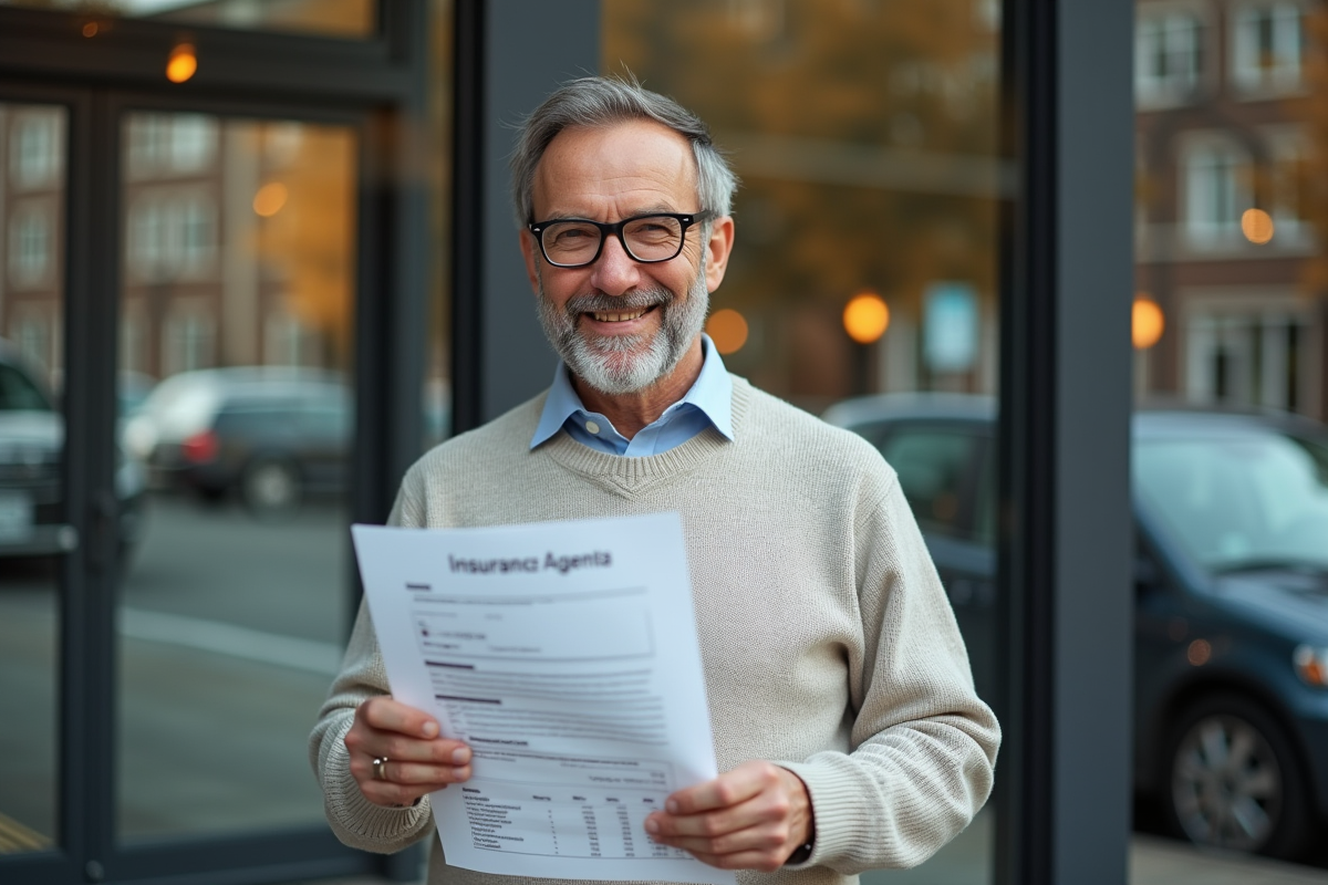 Homme souriant devant une agence d