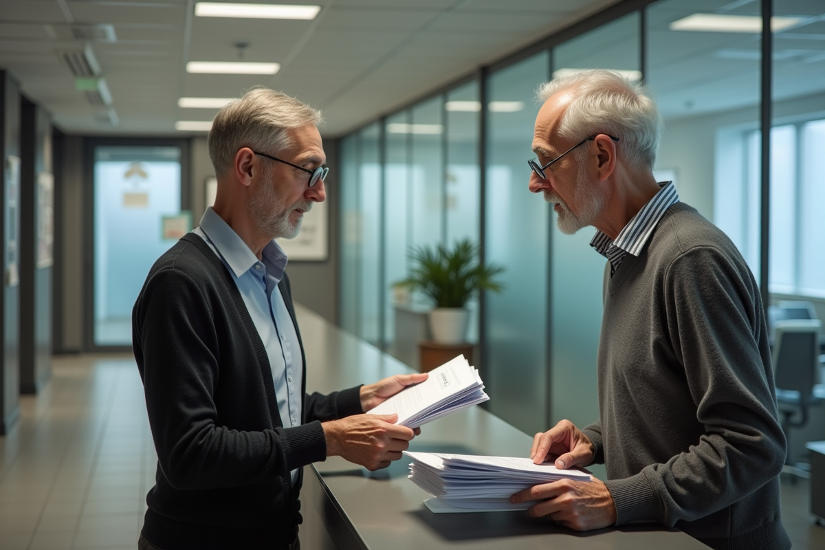 Homme âgé parle avec un agent à la caisse de sécurité sociale