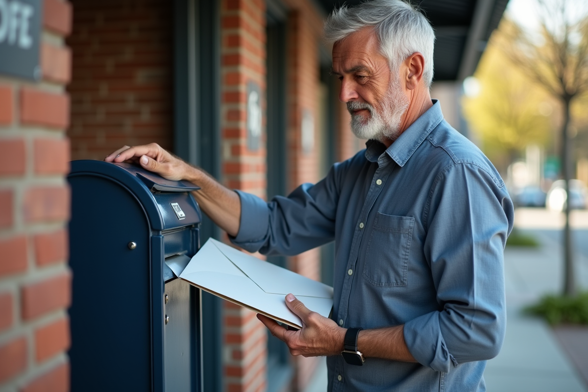 Homme déposé une lettre dans une boîte aux lettres