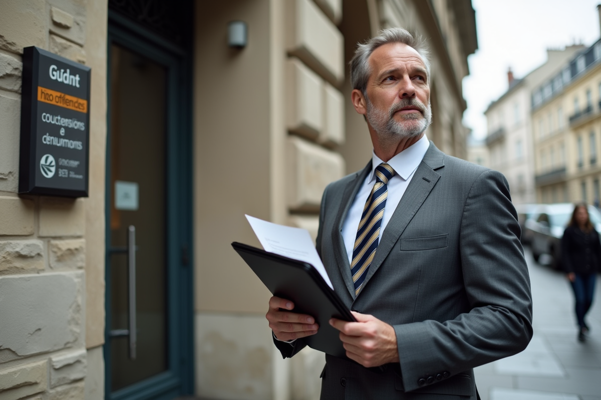 Homme en costume devant une banque française