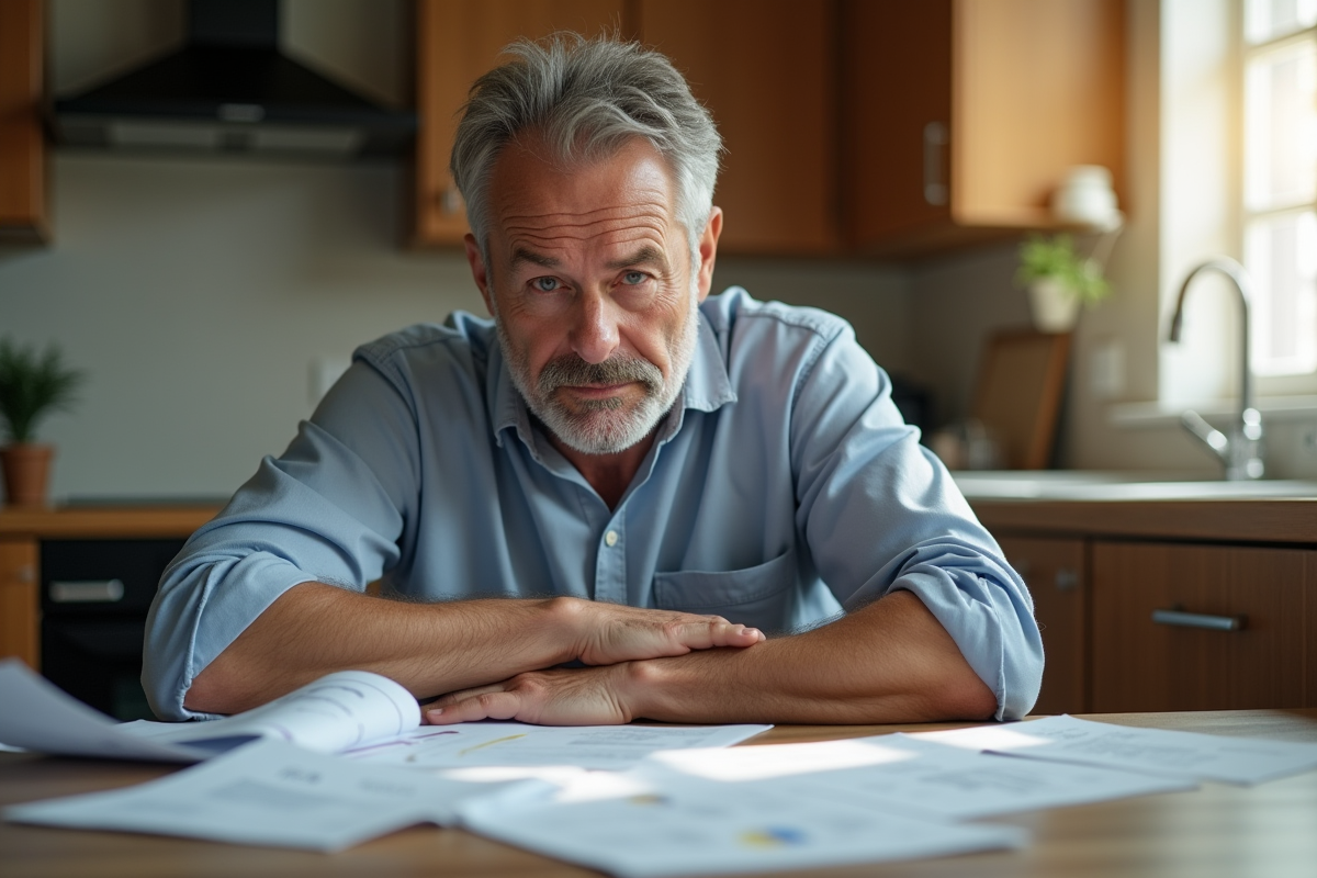 Homme inquiet à la cuisine avec factures et documents financiers