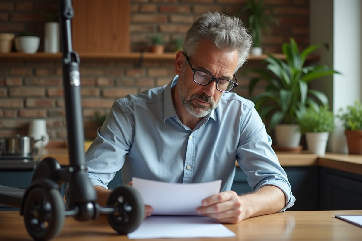 Homme d age lisant documents d assurance scooter