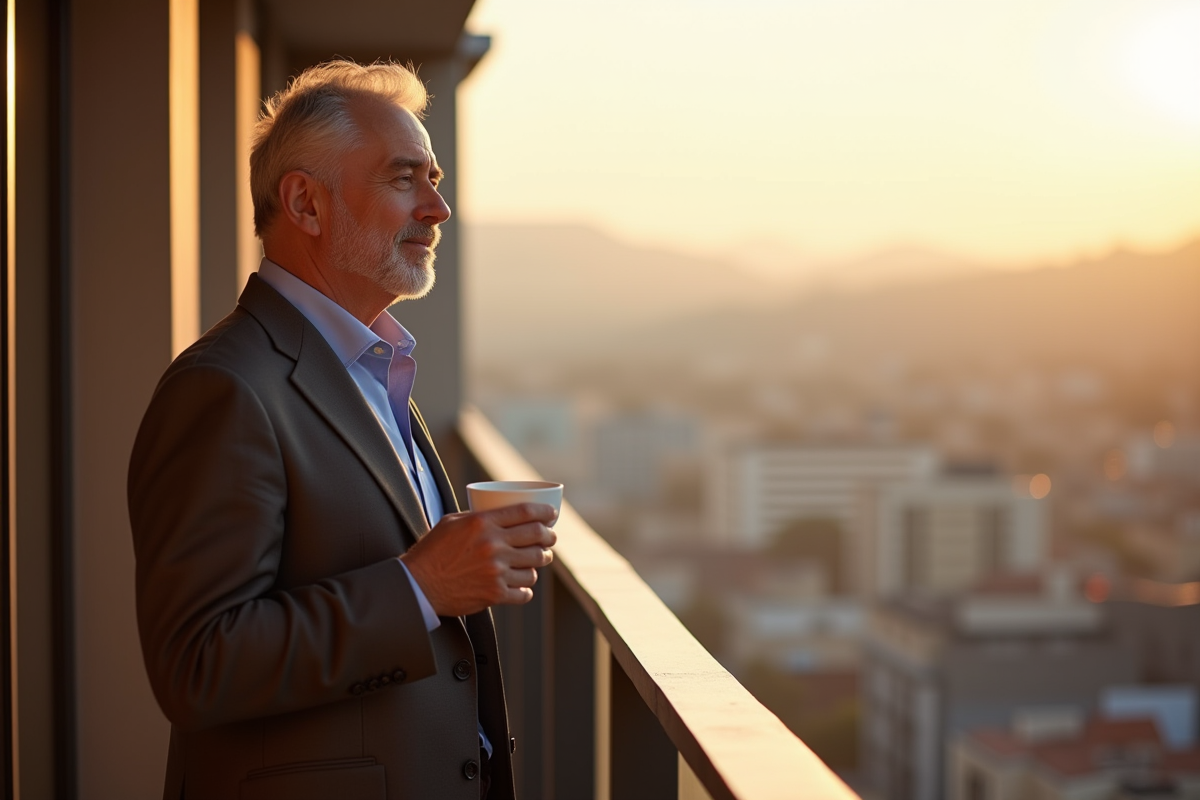 Homme mature détendu regardant la ville avec un café