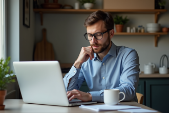 Homme d'affaires regardant un ordinateur avec logo Crypto com