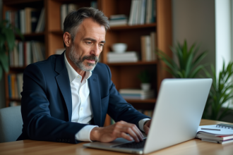 Homme d'âge moyen en blazer bleu regardant des graphiques ETF