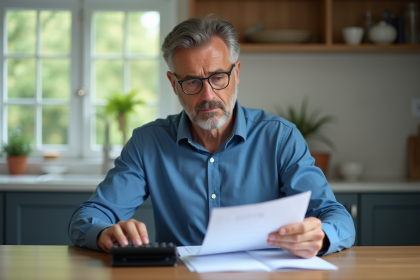 Homme d'âge moyen en chemise bleue examine des papiers