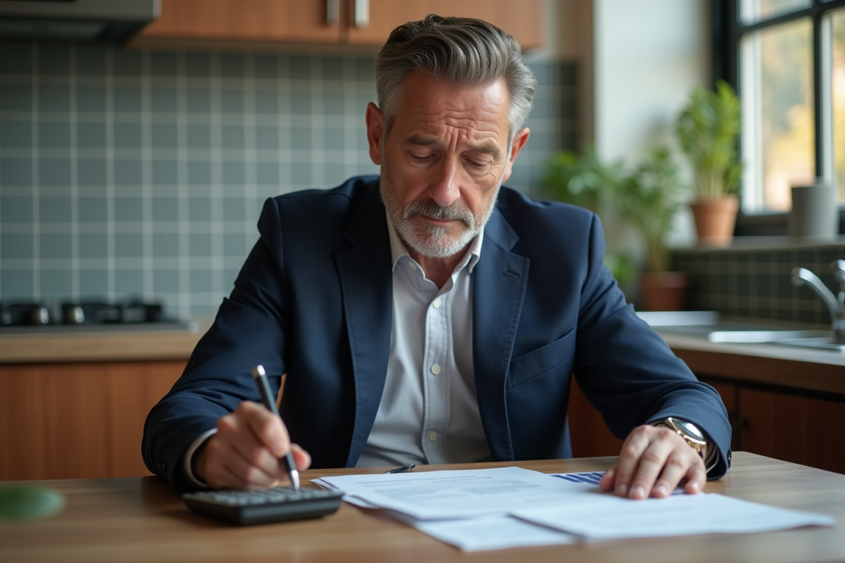 Homme d age à la maison avec documents et calculatrice