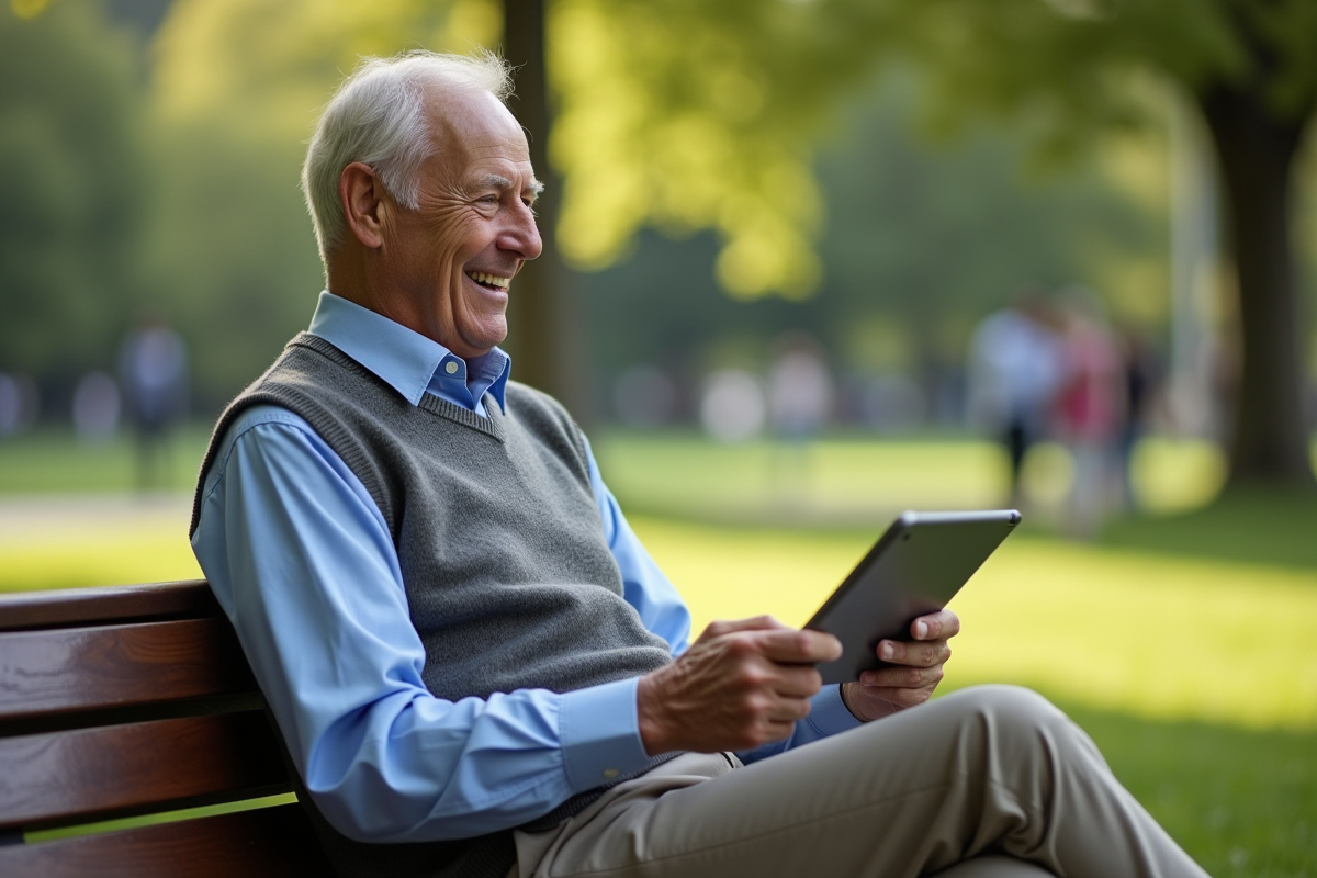 Homme âgé utilisant une tablette sur un banc de parc en plein air