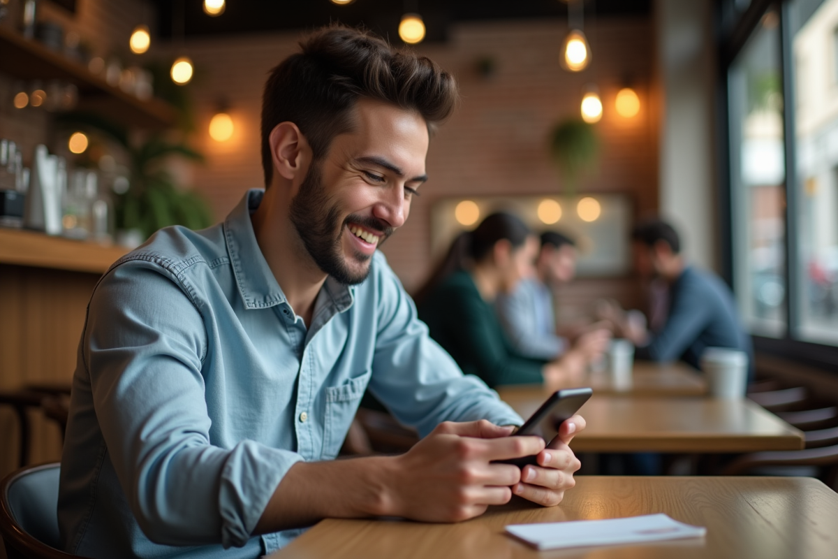 Jeune homme souriant vérifiant un document de prêt au café