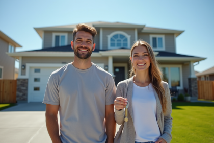 Jeune couple souriant devant une maison moderne au Canada