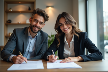 Jeune couple en r&eacute;union de travail dans un bureau moderne
