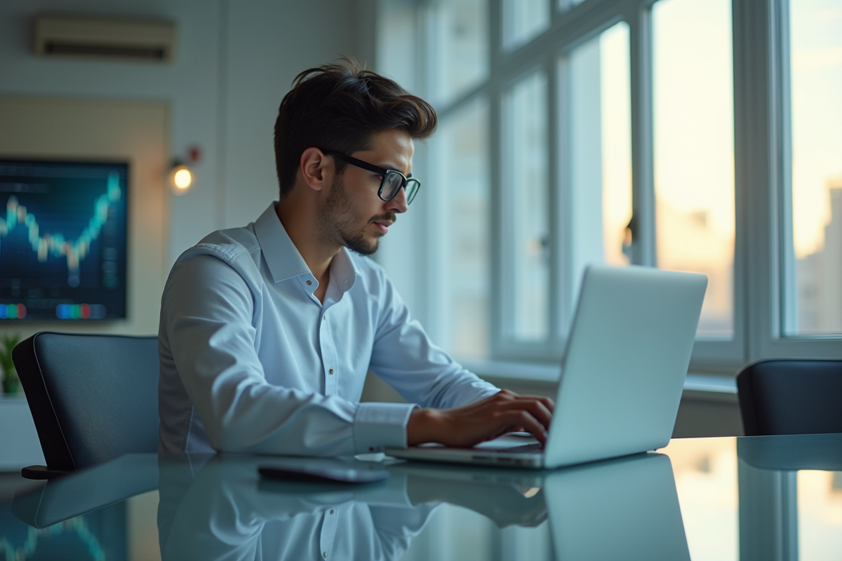 Jeune entrepreneur au bureau avec graphiques financiers