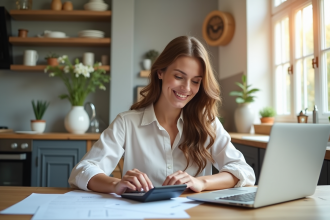 Jeune femme souriante à la cuisine vérifiant ses documents de chômage