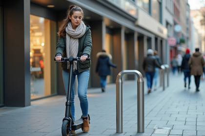 Jeune femme attachant son scooter électrique en ville