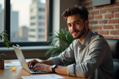 Jeune homme confiant avec bitcoin sur bureau moderne