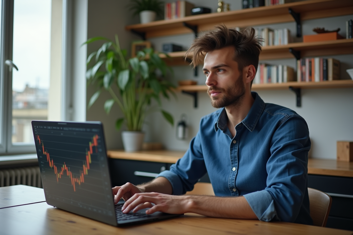 Jeune homme français utilisant un ordinateur avec graphique Bitcoin