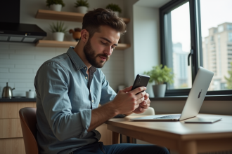 Jeune homme regardant des graphiques de cryptomonnaie sur son smartphone