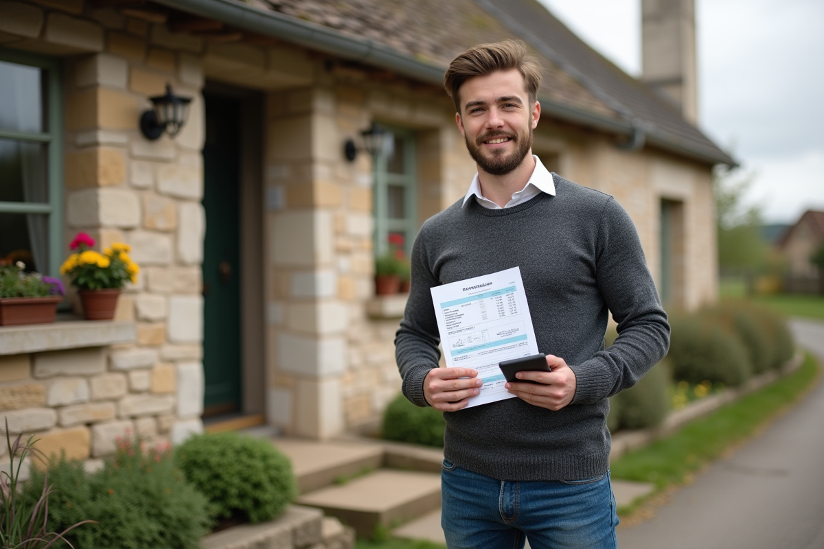 Jeune homme avec rapport financier devant gîte rural