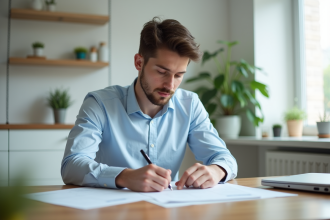 Jeune homme en chemise bleue remplit un formulaire de pret