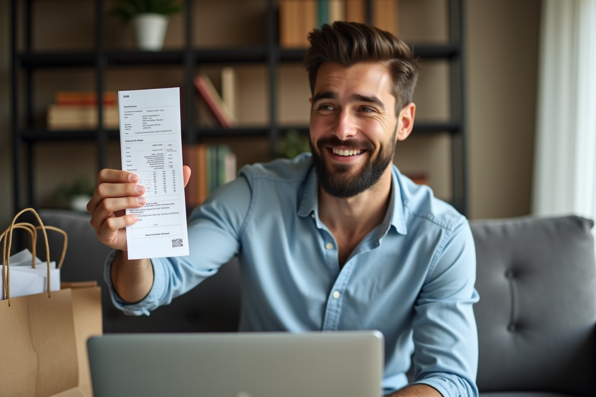 Jeune homme souriant avec reçu et ordinateur