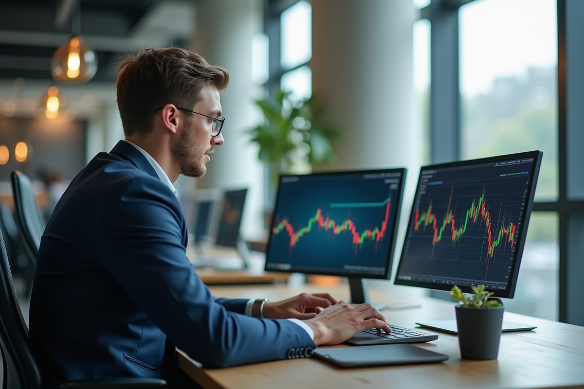 Jeune professionnel confiant utilisant un ordinateur portable pour analyser des graphiques financiers