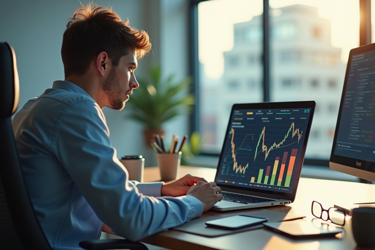 Jeune professionnel travaillant sur un ordinateur portable avec graphiques financiers
