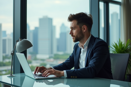 Jeune homme d'affaires travaillant sur Solana au bureau