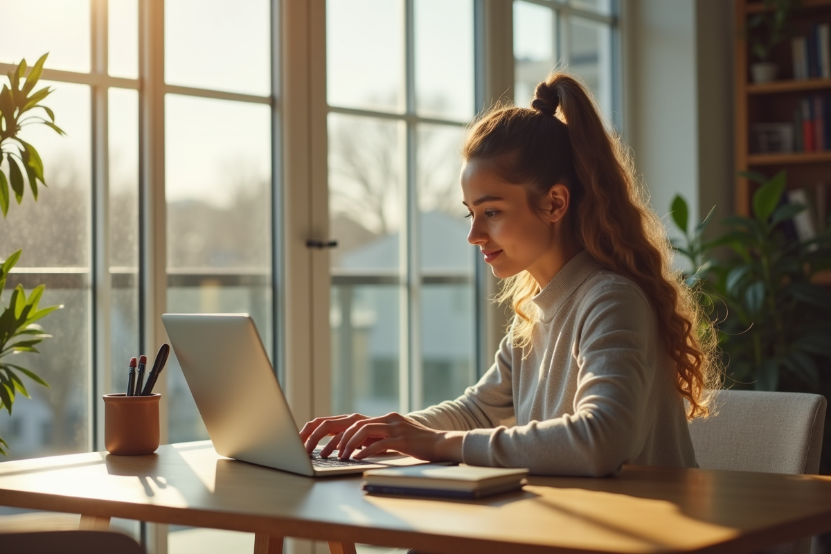 Jeune professionnel travaillant à distance dans un appartement lumineux