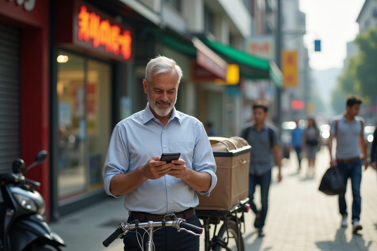 Livreur à vélo avec sac isotherme dans la rue animée
