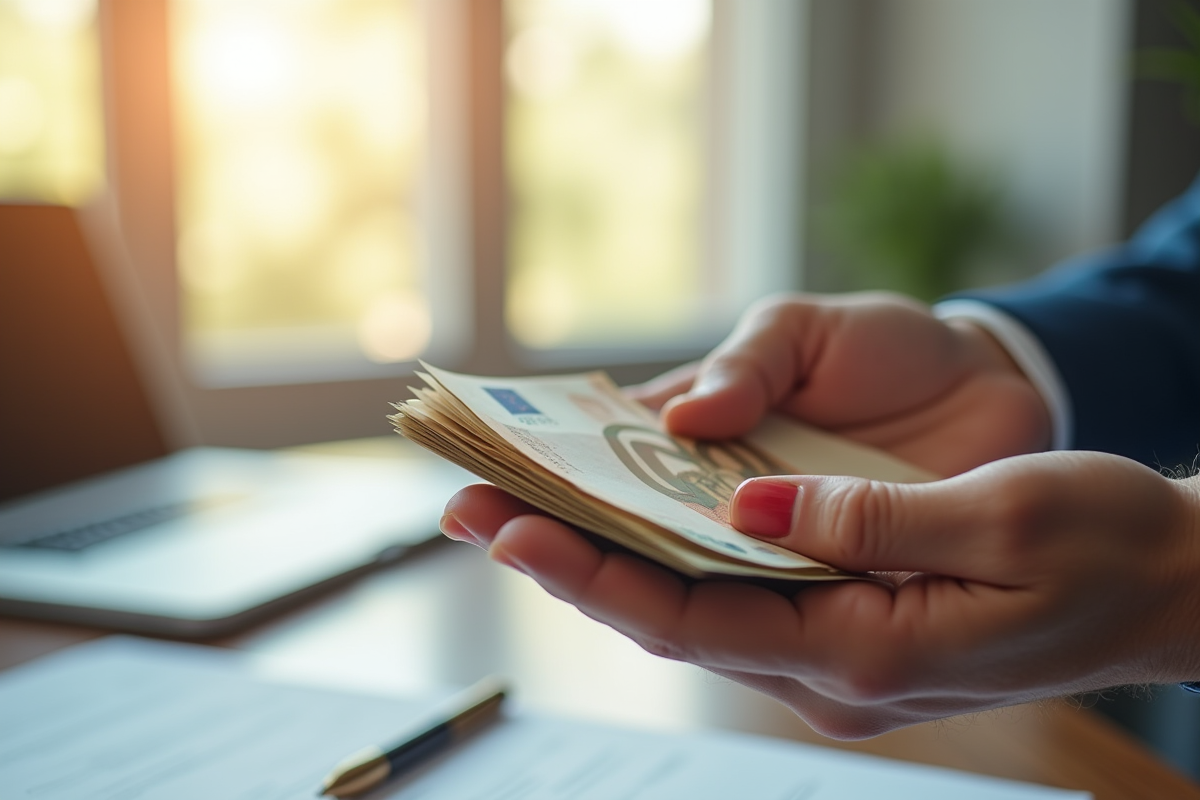 Main tenant des billets d euros et papiers juridiques en office lumineux