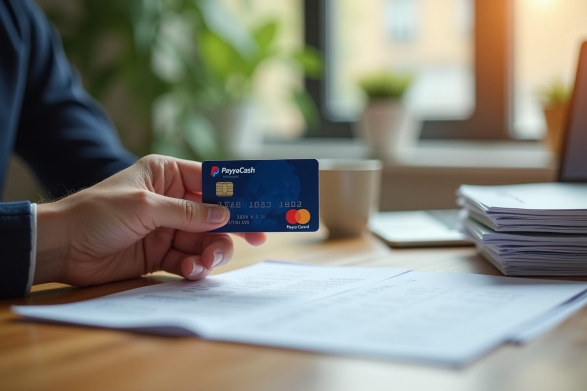 Mains tenant une carte PayPal Cash sur une table en bois