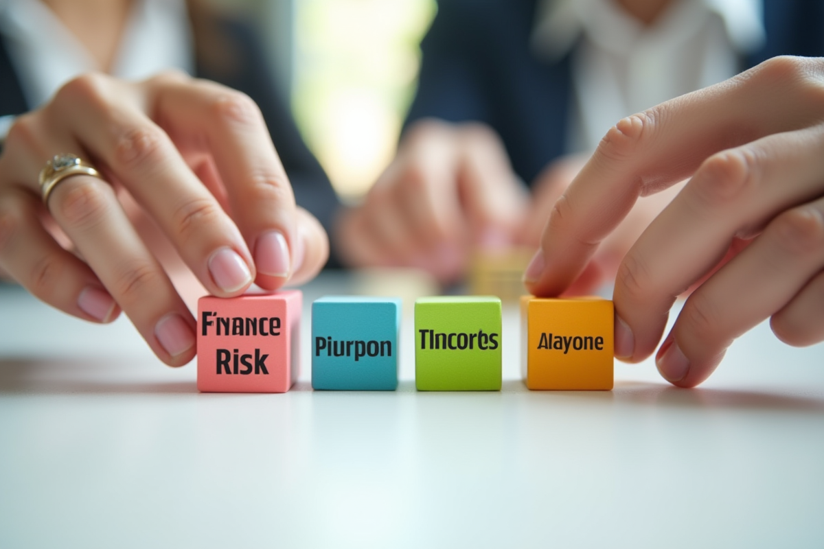 Quatre mains posant des blocs de risques financiers sur une table