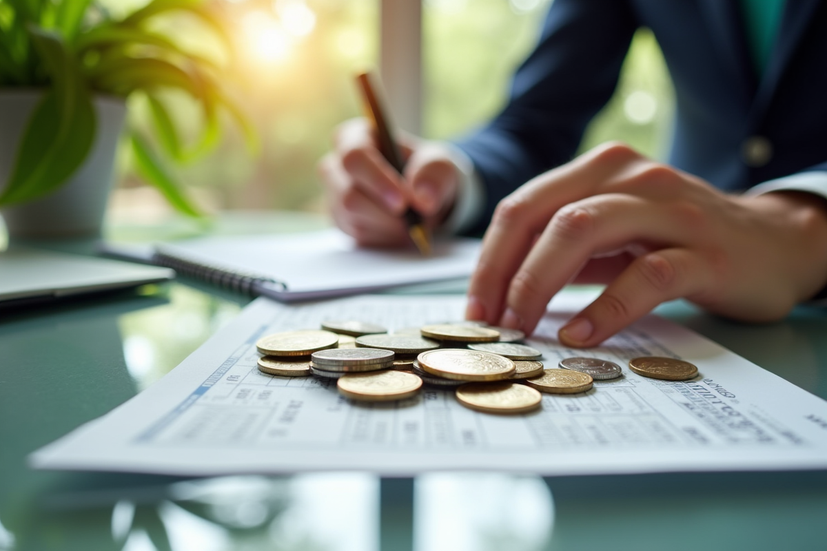 Mains élégantes plaçant des obligations et pièces sur une table